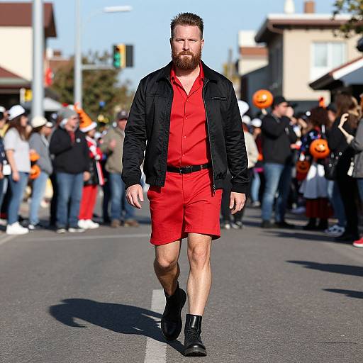 Photograph of a bearded man with short brown hair, wearing a red shirt, red shorts, black jacket, and black boots, walking confidently in