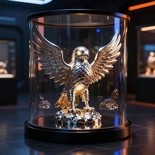 Photograph of a detailed, metallic, golden eagle sculpture with outstretched wings, encased in a clear cylindrical display, illuminated against a dark,