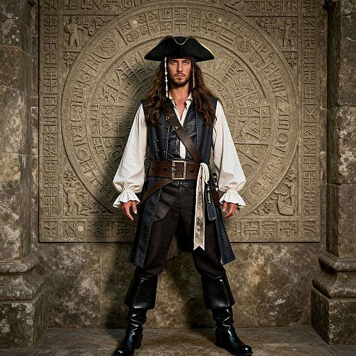 Photograph of a long-haired, bearded man in a pirate costume with a black tricorn hat, white shirt, black vest, and boots,