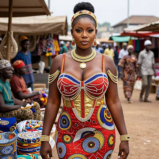 Photograph of a confident African woman in vibrant, traditional dress with gold and colorful beadwork, standing in a bustling market.