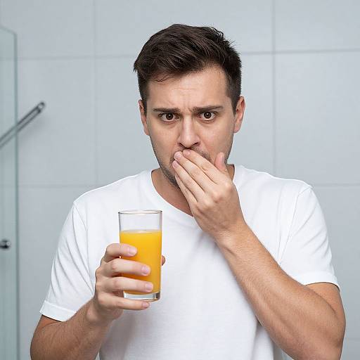 Photograph of a serious-looking man with short brown hair, wearing a white t-shirt, holding a glass of orange juice while covering his mouth with his