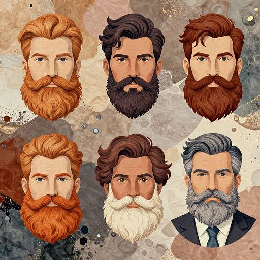 Digital illustration of six bearded men's faces with varied hair and beard colors (red, black, brown, white, gray) on a textured,