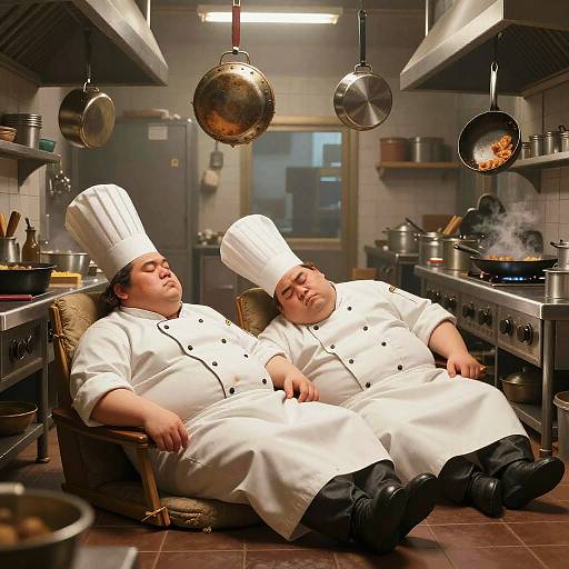 Surreal Sleeping Chefs in Busy Kitchen