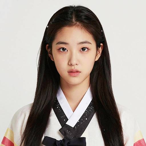 Photograph of an Asian woman with long black hair, wearing a traditional white Korean hanbok with black and red accents, against a plain white background