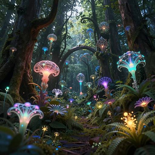 Magical forest scene: luminescent, colorful mushrooms and fireflies illuminate a fern-filled path with a misty, ancient archway in the background