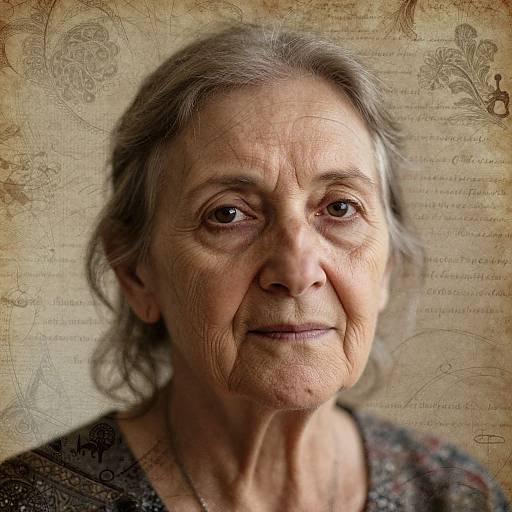 Photograph of an elderly woman with gray hair, wrinkles, and brown eyes, wearing a patterned top, against a textured, parchment-like background.