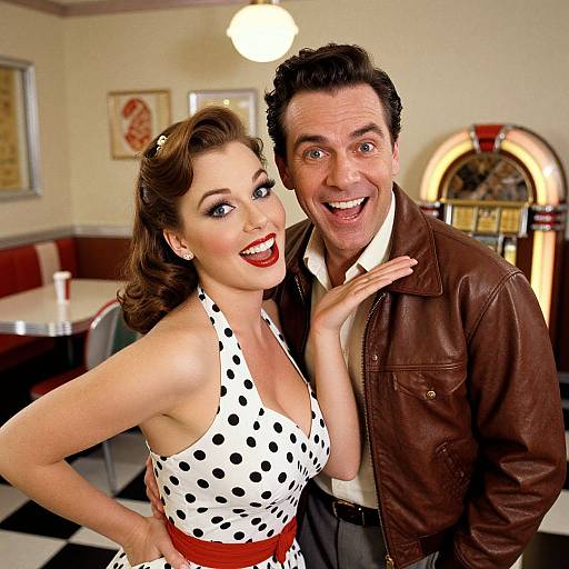 Photograph of a smiling man in a brown leather jacket and a smiling woman in a polka dot halter top, standing in a 1950