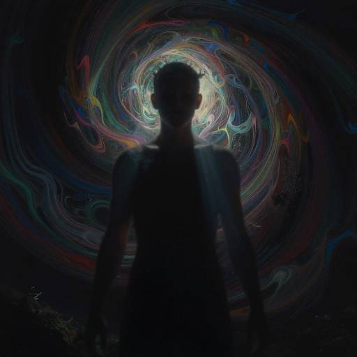 Silhouetted figure stands against swirling, colorful vortex backdrop, creating a hypnotic, abstract, dark-themed digital artwork.