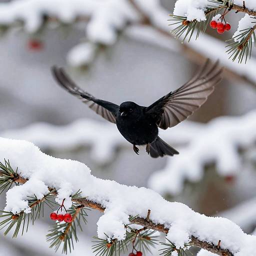 Midnight Black Bird in Snowy Pine
