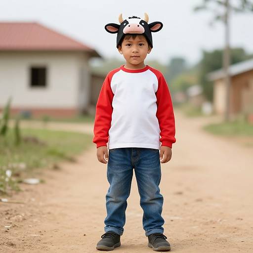 Photograph of young boy wearing cow hat with ears, red and white raglan shirt, blue jeans, and black shoes, standing on a dirt road