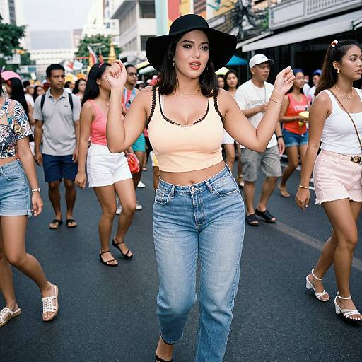 Photograph of an Asian woman in a black hat, beige crop top, and blue jeans, walking confidently through a bustling city street crowd. Bright,