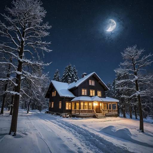 Winter Night Scenery with Snowy Landscape
