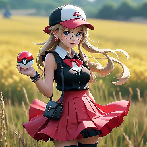 Digital illustration of a blonde, blue-eyed anime girl in a red skirt and black top, holding a Pokeball, wearing a red and white cap,