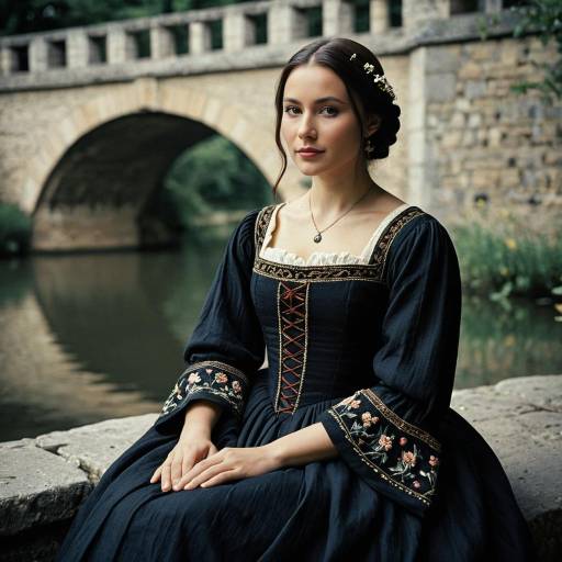 Young Woman in Vintage Dress by Stone Bridge