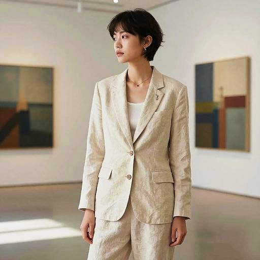 Woman with Short Undercut Hairstyle in Minimalist Linen Suit