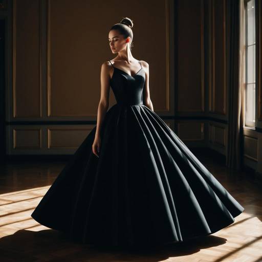 Fashion Model in Sleek Black Gown with Ballerina Bun