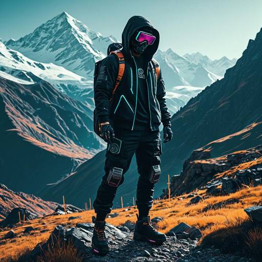 Futuristic Hiker in Mountain Landscape