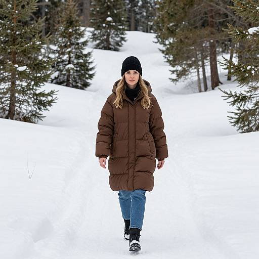 Photograph of a woman with light skin, wearing a brown puffy coat, black beanie, blue jeans, and black boots, walking through a