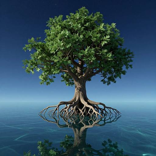 Photorealistic CGI of a solitary tree with lush green leaves and exposed roots, floating on a calm, reflective blue water surface under a clear, gradient