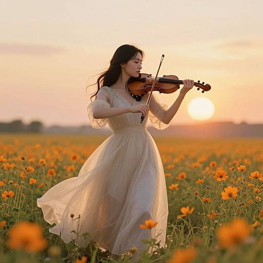 Photograph of an Asian woman with long black hair playing violin in a sunlit field of orange poppies at sunset, wearing a flowing, translucent beige