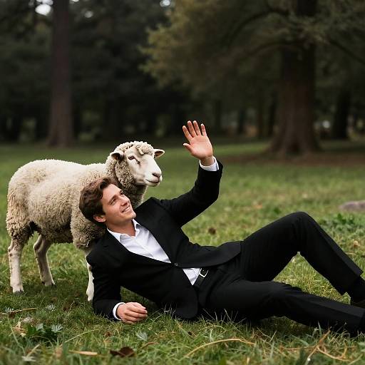 Groom Waving at Sheep in Forest