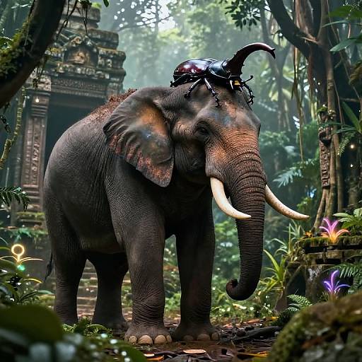 Photorealistic CGI of a majestic, gray elephant adorned with a black, shiny helmet, standing in a lush, misty jungle with glowing plants and