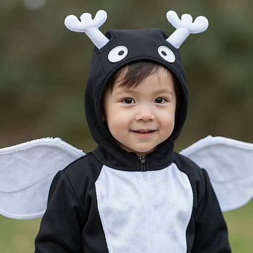 Photograph of a smiling Asian toddler in a black and white dragon costume with antler-like horns and white wing details, standing outdoors.