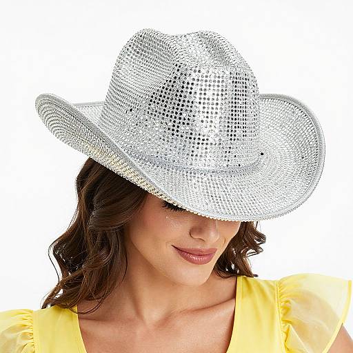 Photograph of a woman with wavy brown hair, wearing a white, perforated sun hat and yellow blouse, against a plain white background.
