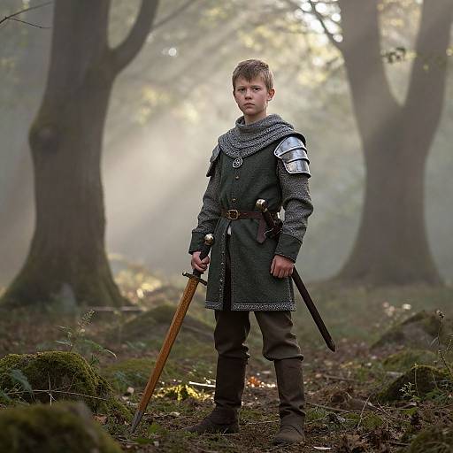 Medieval Knight Boy in Misty Forest