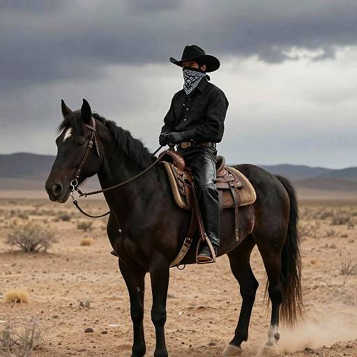 Photograph of a cowboy in black attire, including a hat and bandana, riding a dark brown horse in a dusty desert landscape under a cloudy sky