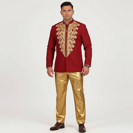 Photograph of a man in traditional Indian attire: red embroidered jacket, gold silk pants, black shoes, standing against a white background.