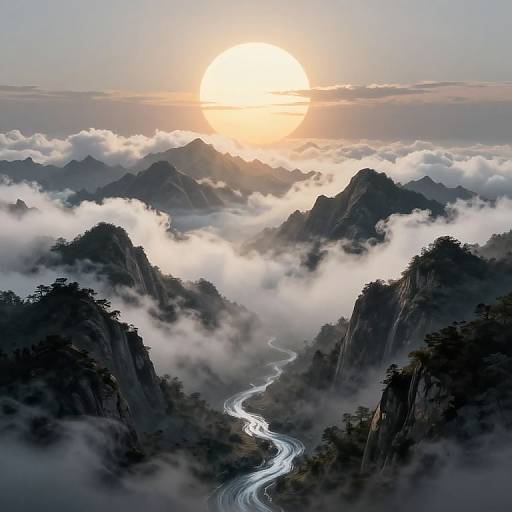 Photograph of a misty mountain valley at sunrise, with a winding river snaking through dark, forested peaks, surrounded by clouds.