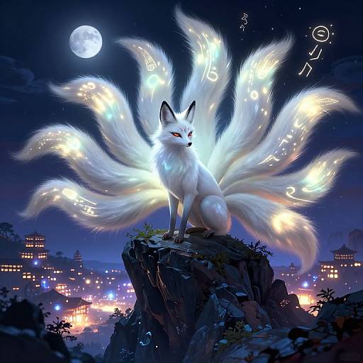 Digital art of a glowing white, nine-tailed fox with ethereal lights, standing on a rocky cliff under a full moon, with a cityscape