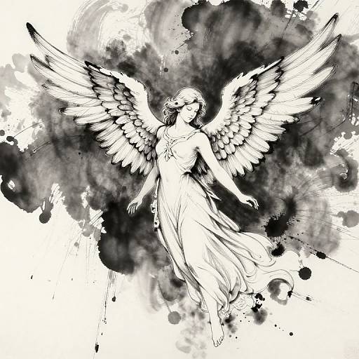 Monochrome ink drawing of an angel with large, detailed wings, flowing dress, and ethereal expression, set against a black ink splatter background.