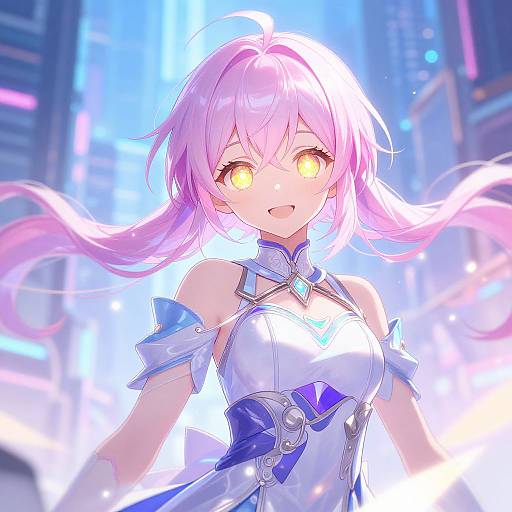 Digital anime-style illustration of a pink-haired, yellow-eyed, smiling girl in a white, blue-accented futuristic outfit, set against a glowing,