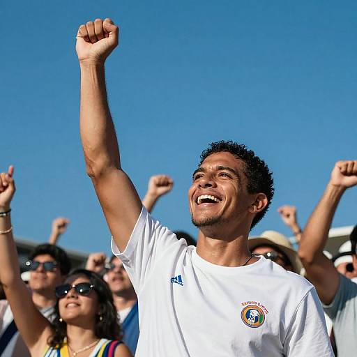 Photograph of a joyful, curly-haired man in a white shirt, raising his fist in triumph, surrounded by cheering fans under a clear blue sky.