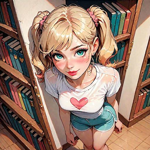 Shy Petite Girl in Library Scene