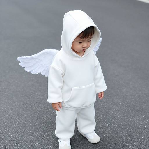 Photograph of a young child with light brown skin, wearing a white hooded angel costume with white wings, standing on a gray asphalt background.