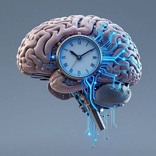 Digital illustration of a human brain with a clock face, integrated with blue circuitry, set against a gradient blue background.