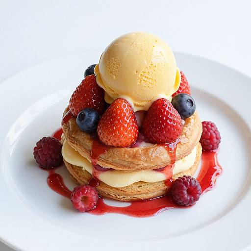 Photograph of a stack of golden pancakes topped with a scoop of ice cream, blueberries, strawberries, and raspberries, drizzled with red