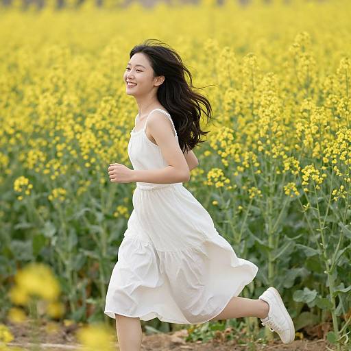 Joyful Woman in Spring Canola Field