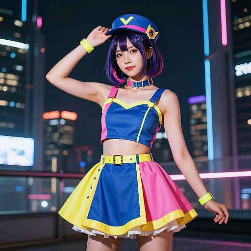 Photograph of an Asian woman cosplaying a colorful anime character in a blue and yellow crop top, pink and blue skirt, and matching hat, set