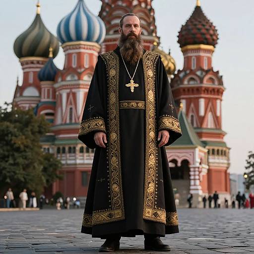 Photograph of a bearded Orthodox priest in ornate black robe with gold trim, standing before the colorful domes of St. Basil's Cathedral in