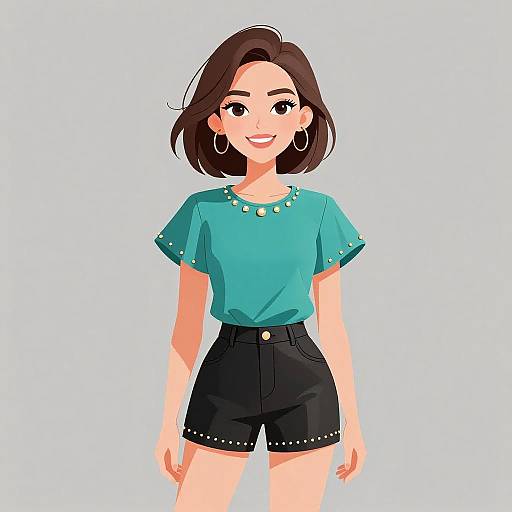 Digital illustration of a smiling young woman with short brown hair, wearing a turquoise blouse, black high-waisted shorts, and hoop earrings.
