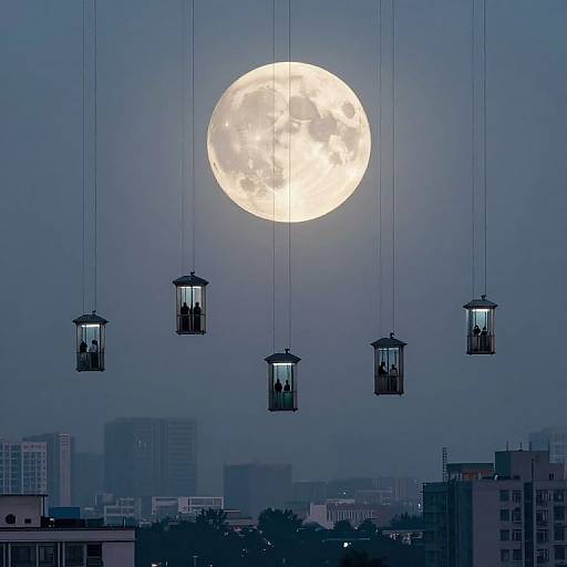 Photograph of a full moon hanging in the night sky above a cityscape, with four hanging lanterns suspended in front. Urban buildings and faint city