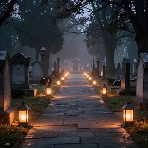 Photograph of a misty, dimly-lit cemetery path at dusk, lined with glowing lanterns, stone gravestones, and tall,