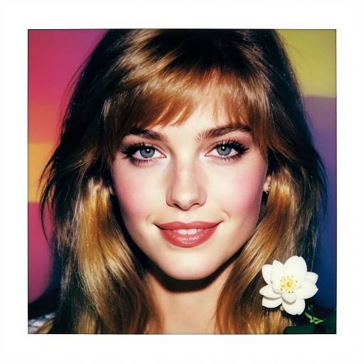 Photograph of a young woman with light brown hair, blue eyes, and pink lips, smiling, with a white flower in her hair against a colorful