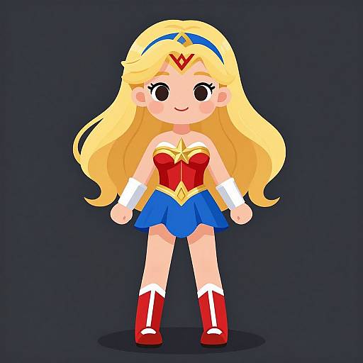 Cute chibi-style digital drawing of a blonde, fair-skinned Wonder Woman with large eyes, red corset, blue skirt, red boots,