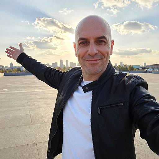 Photograph of a bald, middle-aged man with a goatee, smiling, wearing a black jacket and white shirt, waving at the camera in an