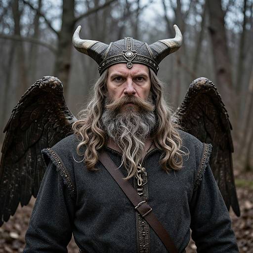Photograph of a bearded man with long gray hair, black Viking helmet, horns, dark wings, and black medieval robe in a forest.
